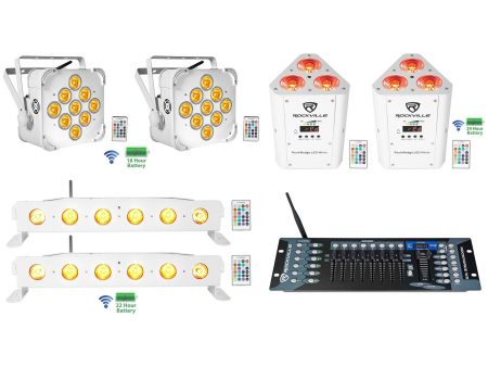 (2) Rockville BEST PAR+STRIP+WEDGE White Wireless DMX Battery Lights+Controller Supply