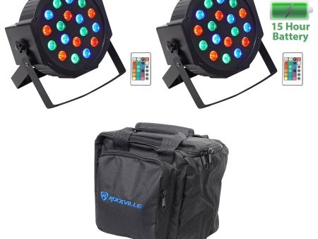 (2) Rockville BATTERY PAR 50 Rechargeable LED DMX DJ Wash Up-Lights+Remotes+Bag Cheap