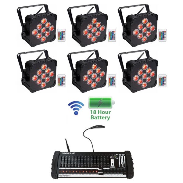 (6) Rockville BEST PAR 60 Battery Wash Lights Wireless DMX+384 Ch. Controller Sale