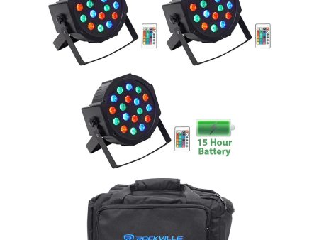 (3) Rockville BATTERY PAR 50 Rechargeable LED DMX DJ Wash Up-Lights+Remotes+Bag Online now