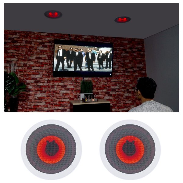 Pair Rockville HC85-LED 8  700 Watt In-Ceiling Home Theater Speakers w  Red LED For Sale