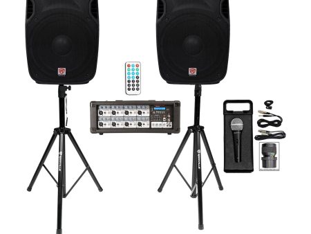 2) Rockville SPGN158 15  1600W DJ PA Speakers+Powered Bluetooth Mixer+Stands+Mic Online Sale