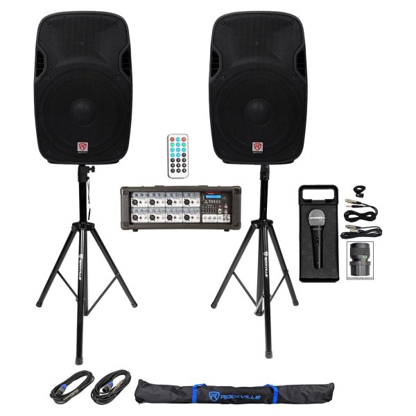 2) Rockville SPGN158 15  1600W DJ PA Speakers+Powered Bluetooth Mixer+Stands+Mic Online Sale