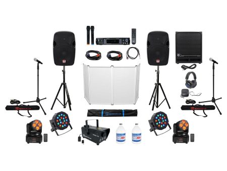 12  DJ Speakers+Sub+Amp+Headphones+Facade+(4) Lights+Fogger+Mics+Stands+Cables Hot on Sale