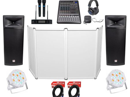 Pair Rockville SPGN254 Dual 15” 4-Ohm DJ Speakers+Mixer+Mics+Headphones+Facade Sale