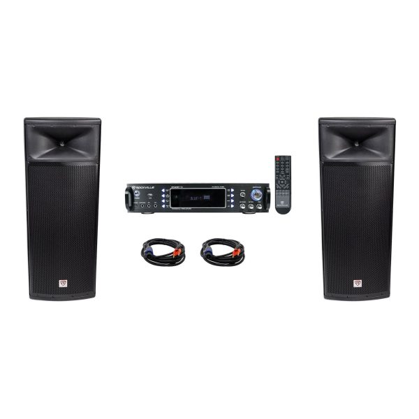 (2) Rockville SPGN254 Dual 15” 3000w 4-Ohm DJ PA Speakers+Bluetooth Amplifier Online now