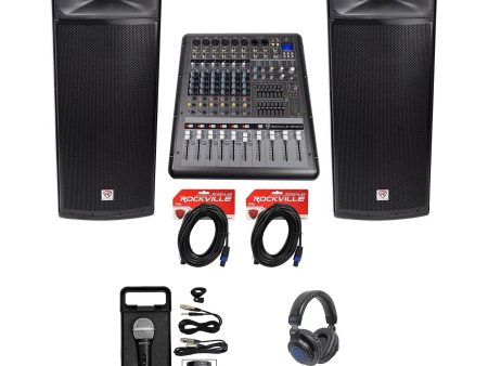 (2) Rockville SPGN254 Dual 15” 4-Ohm DJ PA Speakers+Powered Mixer+Mic+Headphones Hot on Sale