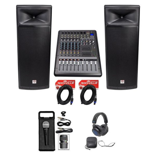 (2) Rockville SPGN254 Dual 15” 4-Ohm DJ PA Speakers+Powered Mixer+Mic+Headphones Hot on Sale