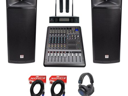 2 Rockville SPGN254 Dual 15” 4-Ohm DJ PA Speakers+Mixer+Wireless Mics+Headphones Supply