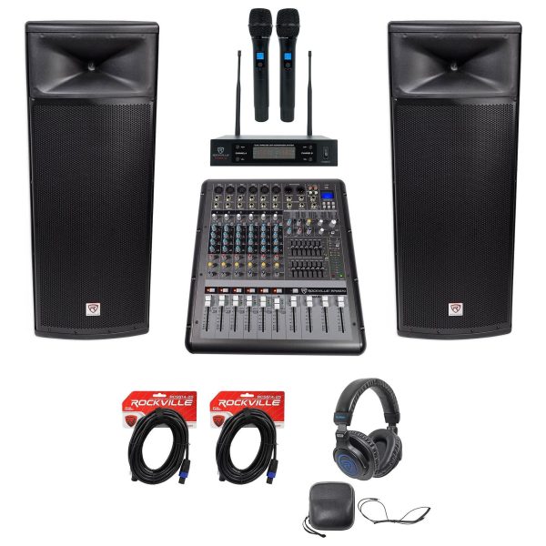 2 Rockville SPGN254 Dual 15” 4-Ohm DJ PA Speakers+Mixer+Wireless Mics+Headphones Supply