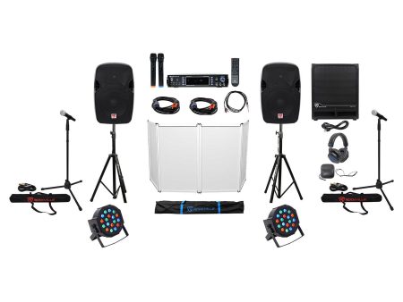 (2) 12  DJ Speakers+Sub+Amplifier+Headphones+Facade+Par Lights+Mics+Stands+Cables Cheap